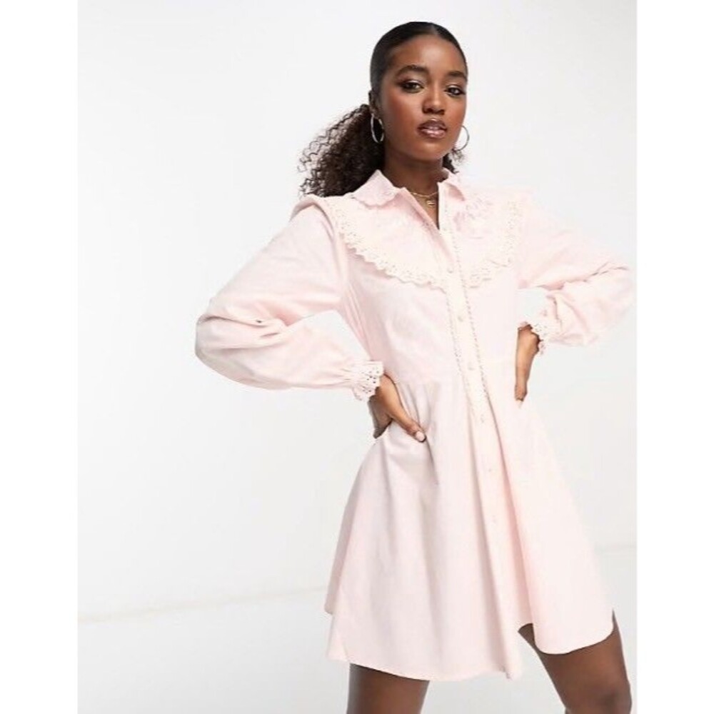 Western Boho Chic Miss Selfridge Dress Women's 6 US Pink Lace Ruffle Embroidered